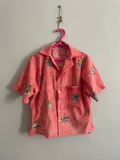 Coral Fruit Basket Button Down M/L