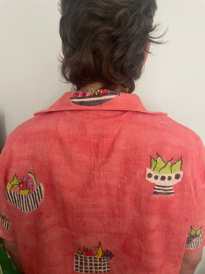 Coral Fruit Basket Button Down M/L